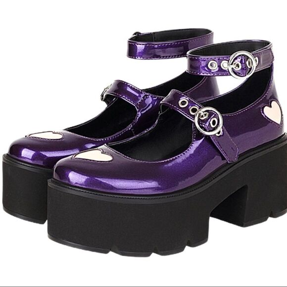 Purple Patent Double Straps Mary Jane Chunky Heel Platforms - NEW - Picture 2 of 4